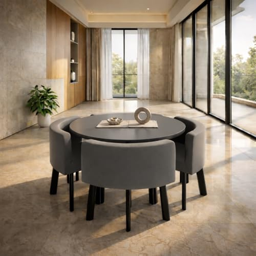 Emirates Living 5 Piece Round Dining Table Set – Grey Wooden Table with 4 Upholstered Chairs, Compact Dining Furniture for Kitchen, Apartment & Living Room