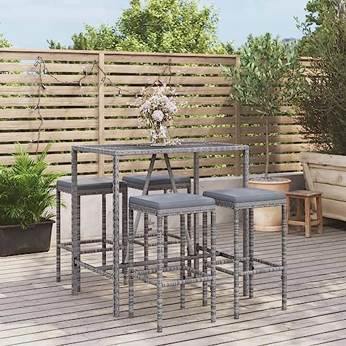 Woonisher Gartenmöbel Set 5-TLG. Bar-Set Grau, Esstisch mit 6 Stühlen Set Eckbankgruppe, Terrassenmöbel Außen Poly Rattan mit Kissen für Garten Terrasse