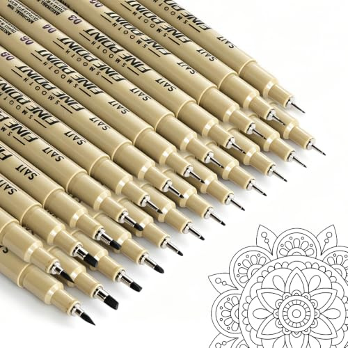 Set med 24 fina svarta filtpennor 0,23–3 mm – Ritpennor med penselspets | Vattentätt och dokumentäkta bläck för teknisk ritning, skissning, journalföring och konstnärligt textning