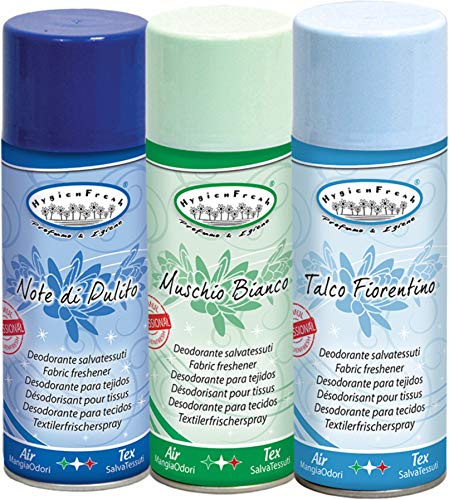 Hygienfresh Spray Deodorante Auto Profumatore Bucato Lavatrice Elimina Odori Tessuti Profumo Armadio Ambiente Cassetti Profumatore Auto Muschio Note Talco 3x400ml