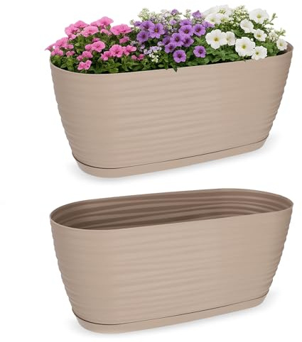 KADAX Pot de Fleurs en Plastique avec Soucoupe, Cache-Pot Moderne Ornée d'un Élégant Motif Ondulé pour Une Décoration Florale (Ovale, Beige, 27 cm)