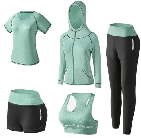 BOTRE Damen Traingsanzug Yoga Kleidung Anzug 5er-Set Sportanzüge Jogginganzug Gym Fitness Kleidung Laufbekleidung Sportswear Sport Yoga Outfit Damen BH Leggings Set