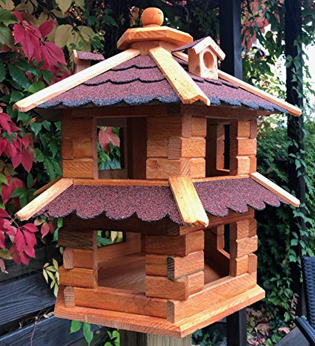 DARLUX Vogelvilla wetterfest von L bis XL Futterhaus Vogelhaus mit oder ohne Ständer in Braun mit Rot, Grün oder Blau für Garten und Balkon (Größe XL ohne Ständer, Rot - Braun)