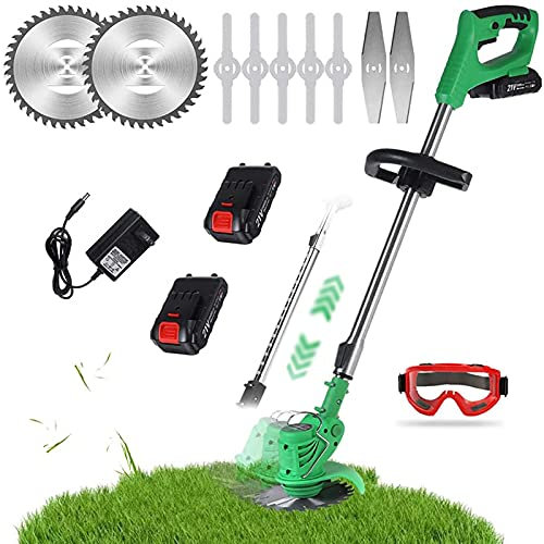 Powerful Cordless Strimmer Professional Electric Hedge Grass Trimmer With 2*Lithium Battery & Metal Blades,Lightweight Telescopic Cordless Grass Cutter Gardening Tools For Lawn Trimming (Color:gre
