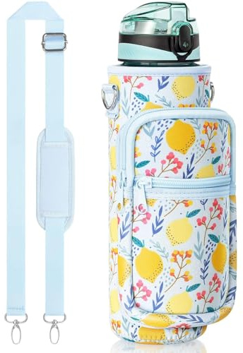 Fimibuke 32 oz Water Bottle with Sleeve - BPA Free Leakproof Sport Large 1L Plastic Motivational Water Bottle with Straw Strap Insulated Neoprene Holder Carrier Bag for Women Men(A10.Lemon)