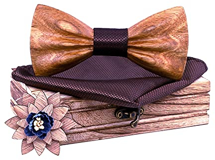 HZQIFEI Jeu de Nœud Papillon en Bois avec Carré de Tissu et Broche pour Cadeau, Réception, Mariage (C11, 3Pcs)