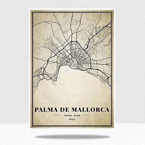 Cuadro Sobre Lienzo,España Palma De Mallorca Vintage City Map Posters Prints Artwork Unframed Pictures Modern Personalization Paintings Christmas Souvenir Gift Home Decor,30X40Cm/11.81X15.74 In