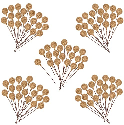 100 Pcs Artificial Frosted Gold Holly Berries for Christmas Wreath, Xmas Tree, Garland DIY Craft Party Decor - Wire Berry Stems for Decorations