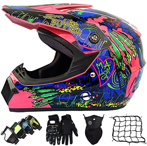 Casco da Motocross, Casco Integrale per Adulti e Bambini, con Occhiali Guanti Face Mask Rete Del Casco, Casco da Cross ATV MX Quad Bike Go-kart Casco da Motociclista - Calotta in ABS