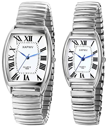 JewelryWe Paar Uhren Analog Quarz Pärchen Armbanduhr Klassisch Rechteckig Elastisch Legierung Armband Partner Freundschafts Uhr mit Römischen Ziffern/Digital Zifferblatt Gold/Silber
