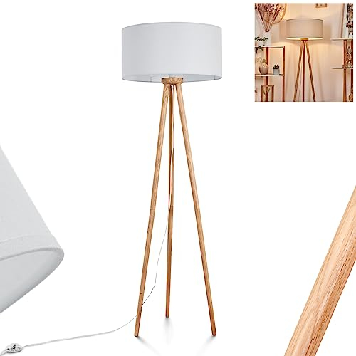Stehleuchte Saladillo, moderne Stehlampe aus Holz/Metall/Stoff in Natur(Eiche)/Grau/Weiß, Leuchte im Boho-Design mit rundem Schirm (Ø 50 cm) und Fußschalter, Höhe 151,5 cm, 1 x E27, ohne Leuchtmittel