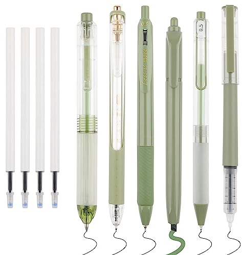 WINKIO 0,5mm Gelschreiber Set, 6 Stück Aesthetic Gelstifte schwarze Gel Pen, Schnell Trocknende Einziehbare Kugelschreiber Schwarz 1 Textmarker 4 Nachfüll für Studie Büro Tagebuch(Grün)