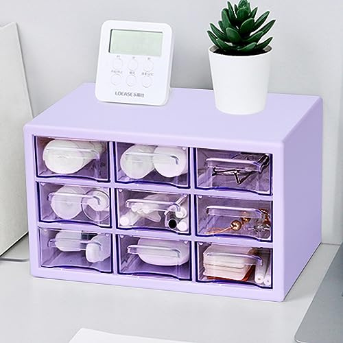 JOENCOST Aufbewahrungsbox mit 9 Schubfächern Klare Kunststoff Sortierkasten，Stapelbarer Schreibtisch Aufbewahrungsbox für Makeup Büro Handwerk Hardware Kopfschmuck(25×15×16cm) (violett)