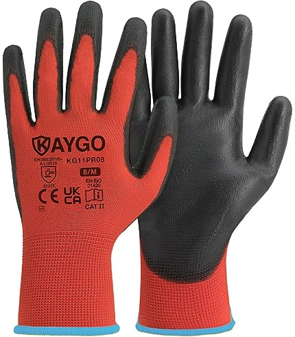 KAYGO Work Gloves PU Coated with Good Grip for Men and Women, KG11PR | 12 Pairs Safety Working Gloves, 13G Seamless Knit, Breathable and Lightweight, Ideal for General Duty Work (Red, Medium)