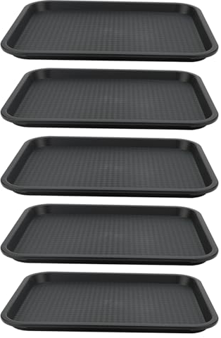 LEXININ 5 PCS Plastic Fast Food Trays, 35 x 27cm Rectangular Black Plastic Trays for Drink Snack Coffee