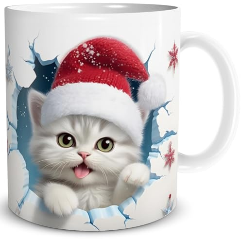TRIOSK Weihnachtstasse 3D Illusion Katze mit Weihnachtsmotiv Becher-Durchbruch - Lustige Geschenkidee für Frauen, Katzenliebhaber, Männer & Kollegen - Keramik-Tasse 300 ml, Weiß