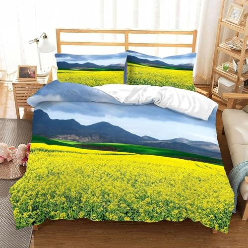 igyhuij Housse de Couette 240 x 260 Fleurs de Colza, 3D Imprimée Microfibre Parure de Lit Fleurs de Colza Housse de Couettes 2 Personnes avec 2 x Taie d'oreiller 65x65 cm n4513