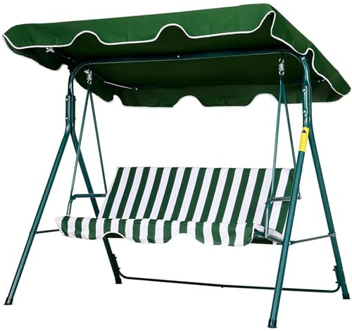 IlGruppone Dondolo da Giardino 3 Posti con Tetto Parasole Regolabile Reclinabile Impermeabile Struttura in Acciaio 173x109x157 Cm Bianco Verde Seduta Ammortizzata