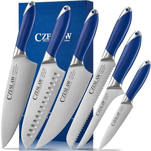 Czeslaw Knife Set, 6 Pcs Kitchen Knife Sets, Japanese Knife Set, Razor Chef Knife Set, Forged from High Carbon German Steel, Full Tang Prussia Blue Ergonomic Handle, Kitchen Gifts