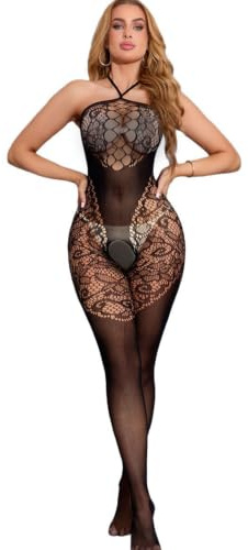 HTRUIYATY Bodystocking Damen Netzbody Dehnbare Catsuit Reizwäsche Ganzkörper Strumpfhose aus Nylon Sexy Dessous