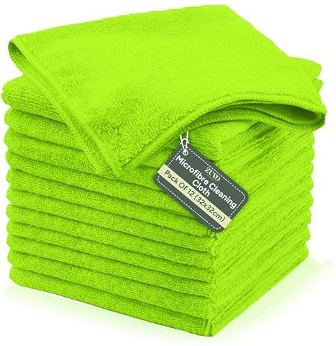 Zuvo Microfibre Cleaning Cloths 12 Pack, Lint-Free, Green, 32 x 32cm | Green microfibre, dish and kitchen cloths, glass and bathroom cleaning, lint-free, machine washable