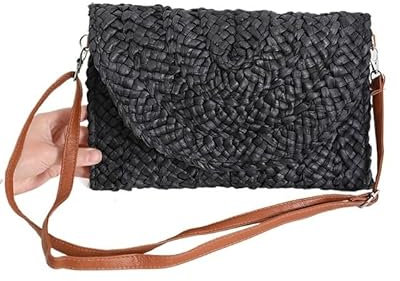 Korbtaschen Damen Stroh-Umhängetasche, handgefertigte Handtasche, gewebte Rattan-Geldbörse for Frauen, Umschlag-Geldbörse, lässige Damen-Strand-Kupplung, Umhängetasche Basttaschen Damen Sommer(Black)