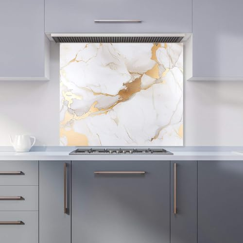 Warren Reed - Designer Premium White Marble With Gold Kitchen Splashback 6mm Toughened Glass Kitchen Splashback – Heat Resistant Splashback for Kitchens, Perfect for Cookers and Hobs, Polished Edges