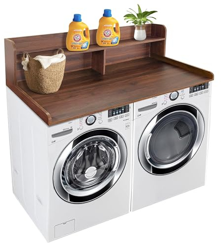 Royxen Laundry Countertop with 2-Tier Shelf Universal Fit, Washer and Dryer Countertop with Storage Space, Shelf Height 11.5 Inches, Solid Wood Core, Walnut