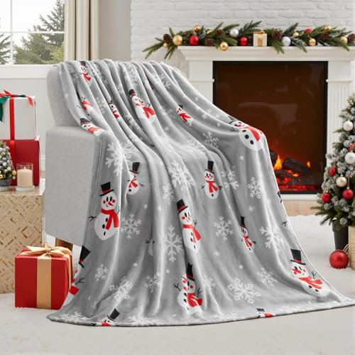 Joiedomi Grauer Schneemann Weihnachtsdecke (130x150cm), Weiche Flanelldecke, Warme Plüsch Weihnachtsdekoration, Gemütliche Hüttendecke für Sofa Couch