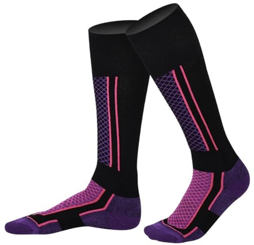 NihaoWXM Skisocke Männer Frauen Kinder Ski Socken Knie-hohe Warme Socken Outdoor Sport Leistung Socken for Skifahren Wandern Snowboarden(Purple Black,Kids)