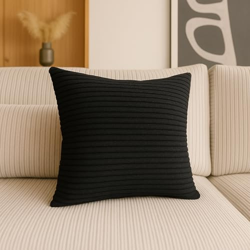 Dekokissen aus Cord 40x40 cm - Couchkissen mit Füllung und Reißverschluss - Modern Dekokissen mit Bezug - Couchkissen fur Sessel & Sofa - Aesthetic Gestreift Kopfkissen - Schwarz - MODERNO