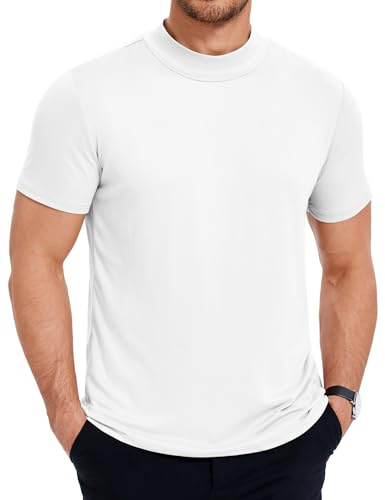 COOFANDY Camiseta Hombre Manga Corta Cuello Redondo Ajustada Medio Cuello Cuello Alto Top Verano Camiseta Interior Casual T-Shirts Blanco 3XL