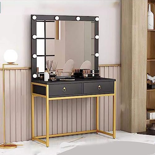 Schminktisch im modernen Stil mit Touchscreen-Dimmspiegel, 2 Schubladen, Schminktisch, Beistellschrank, Spiegel, Schwarz und Gold, perfekt für Sie