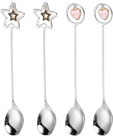 WUSJCOF 4 pièces Cuillères à Expresso en Acier Inoxydable, Lavable au Lave-Vaisselle, Formes Cœur et Étoile, Cuillères à Café, Petite Cuillère à Café, Cuillère à Thé, Mini Cuillere 10,4 cm (Argent)
