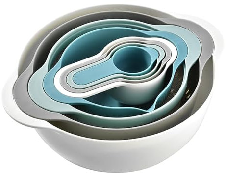 8 Pieces Plastic Nesting Bowls Set, Mixing Bowl-s for Baking Kitchen, 4 Measuring Cups, Powder Sieve, Wash Vegetables Dish, Drainer Basket