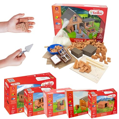 teifoc Bauernhof Set mit Hundehütte, Brunnen, Hühner-, Schaf- & Pferdestall | 400+ Bauteile, 6 Modelle, Steinbaukasten, Bastelset Mädchen Junge 8 9 10 Jahre, Geschenk Kinder, Bausatz, Mini Ziegelsteine