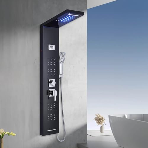 Hbronzeshower Panneau de douche LED, colonne de douche multifonction, 5 fonctions de douche, panneau de douche en acier inoxydable (douche à effet pluie, douche cascade, douche de massage, douchette