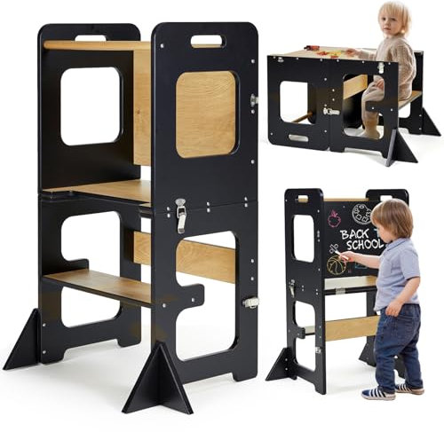 STEPSAFE Montessori Torre per bambini, Torre di apprendimento con lavagna, 3 in 1 Pieghevole Learning Tower, Multifunzionale Torre didattica per bambini di età superiore a 1 anno (nero)