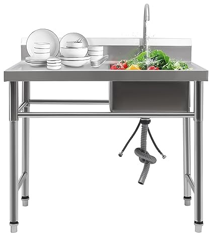 Edelstahl Spüle mit Wasserhahn & Ablaufsieb – 100x60x93cm Gewerbespüle freistehend mit tiefem Becken & Arbeitsfläche – Für Gastronomie, Küche, Werkstatt, Restaurant