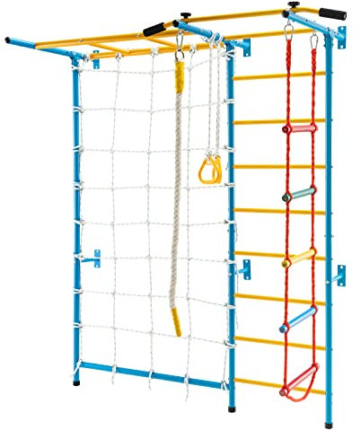 HOMASIS Klettergerüst Indoor, 7 in 1 Sprossenwand mit Klimmzustange, Turnringe, Strickleiter, Kletterseil & Netz, Metall Kletterwand Turnwand für Erwachsene & Kinder, Sportgeräte 100 kg belastbar