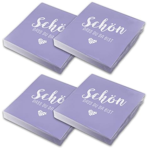 itenga Servietten Schön dass du da bist 30 x 30cm 3-lagig 80 Stück für Kommunion Konfirmation Hochzeit Taufe und andere Feiern (lila/flieder)