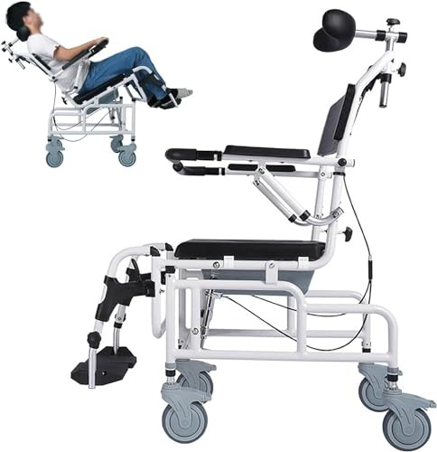 Sedia da toilette con rotelle, lettiere per anziani, sedia da doccia per disabili, portata 100 kg, inclinabile a 45°, sollevamento idraulico, per persone con mobilità ridotta