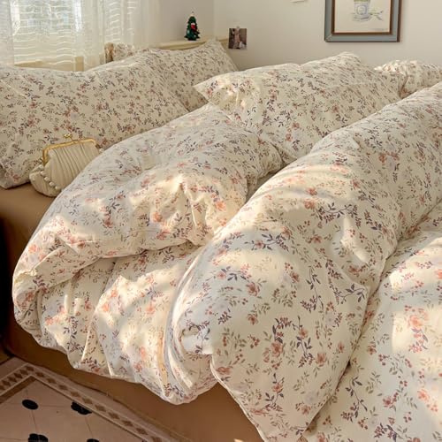 Bettwäsche 200x200 Blumen Beige Braun Blümchen und 2 Kissenbezug 80x80 | Bettwäsche Set, Vintage Blumenwiese Blumenmuster, Botanisch Pflanzenmuster, Aesthetic, Microfaser, Reißverschluss