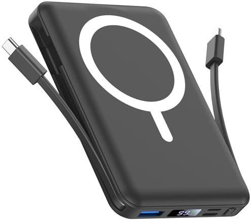 Vexnara for Magsafe Power Bank, 10000mAh Magnetic Portable Charger,15W Wireless Battery Pack with Built in Cables Fast Charging LED Display for iPhone 17/16/15/14/13/12/Plus/Pro/Pro Max(Black)