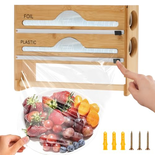 Cling Film Dispenser & Cutter, 3 In 1 Tin Foil Dispenser Organizer With Paper Holder, Wall-Mount Bamboo Foil & Cling Film Cutter For 35CM Roll