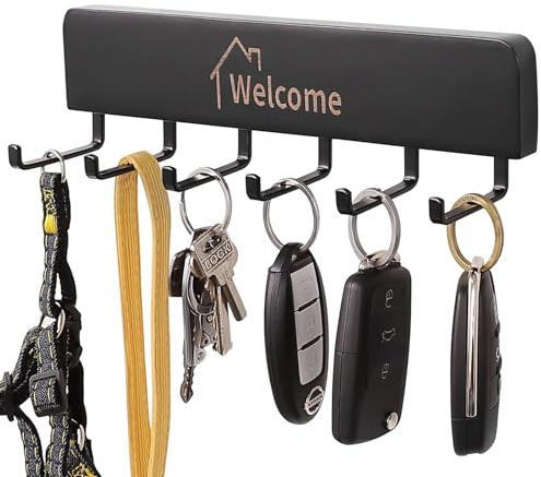 SCUNDA Wooden Key Holder with Metal Hooks,No Drill Adhesive & Screws, Dog Leash Holder for Wall, Wall Mount Entryway Organizer for Keys, Coats, Hats(1, Black)