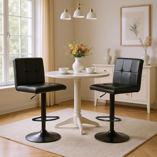 Taburetes Altos de Cocina, Taburete Alto Regulable Altura con Respaldo Reposapiés y Acolchado, Juego de 2 Taburetes de Bar Sillas Altas para Isla Cocina Barra Bar y comedor, Giratorio 360°, Negro
