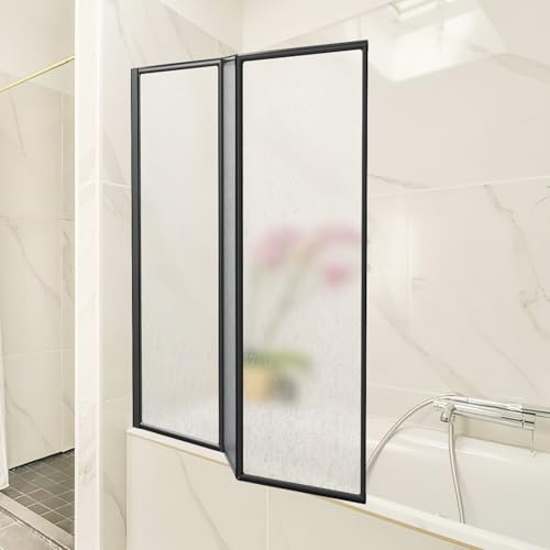 ISOISL 3-Teilig Badewannen Duschabtrennung 120x140cm,Tropfen Optik-Schwarz | Faltbare Kunststoff-Duschwand mit Tropfen-Optik, Schwarz Alurahmen, splittersicher und links/rechts montierbar fürs Bad