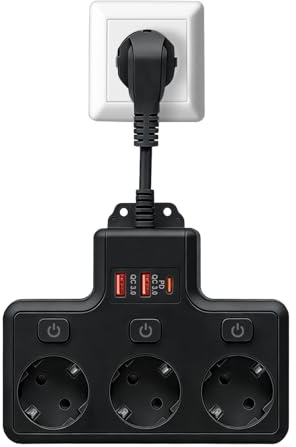 Ladron Enchufes con Interruptor Independientes,Multiple Enchufes USB C con 3 Tomas Adaptador,Regletas Enchufe Pared con 3 Carga Rápida USB PD20W,Cable 0,1m,Negro