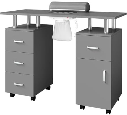 PeakPursuit Manicure Table with Electric Dust Collector,42 Nail Table Beauty Salon Station with Lockable Wheels, Arm Rest,4 Storage Drawers,Acetone Resistant Top and Storage Cabinet